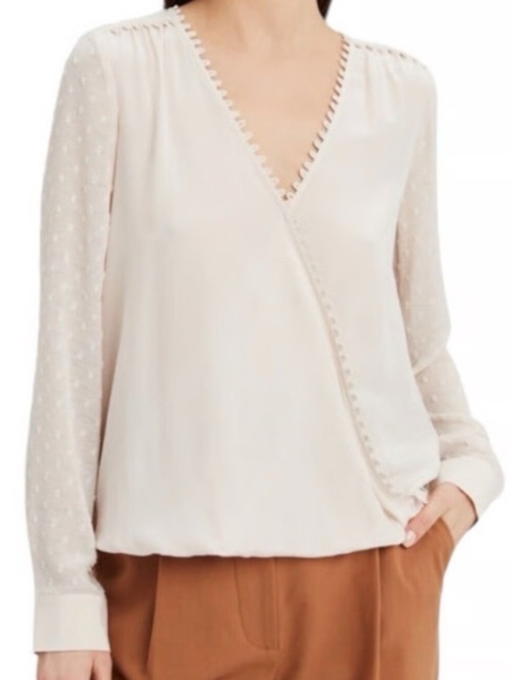 L'AGENCE Silk Cream Wrap Blouse with Sheer Dot Sleeves - Great Condition